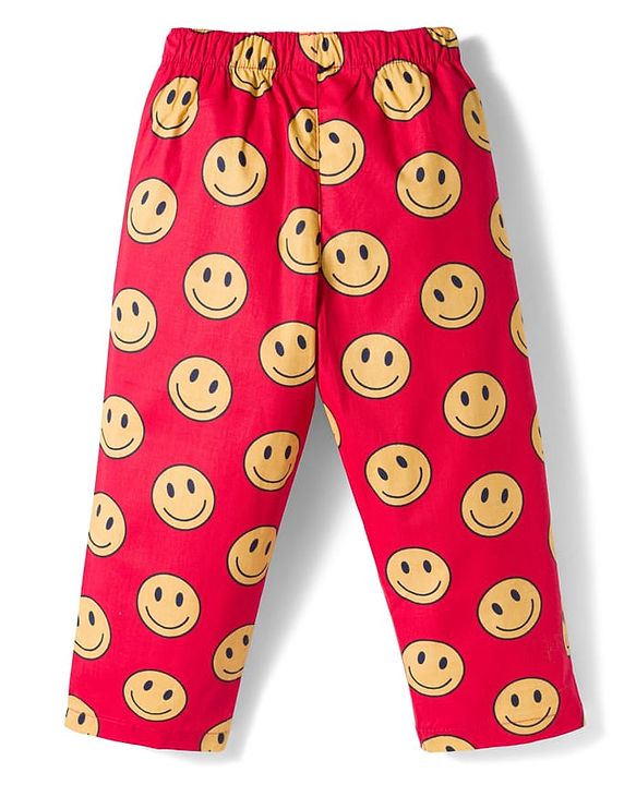 Babyhug Cotton Woven Full Sleeves Co-ords Night Suit With Smiley Print - Red