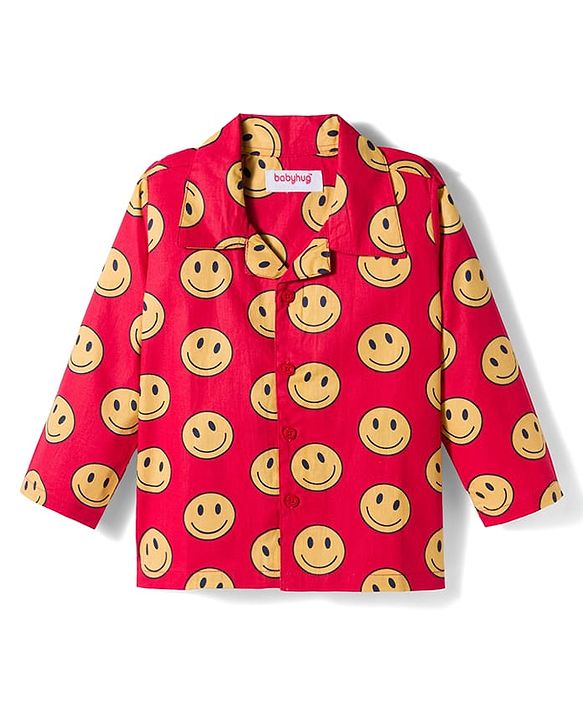 Babyhug Cotton Woven Full Sleeves Co-ords Night Suit With Smiley Print - Red