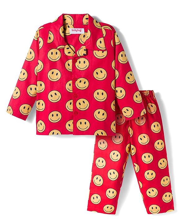 Babyhug Cotton Woven Full Sleeves Co-ords Night Suit With Smiley Print - Red