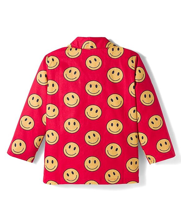 Babyhug Cotton Woven Full Sleeves Co-ords Night Suit With Smiley Print - Red
