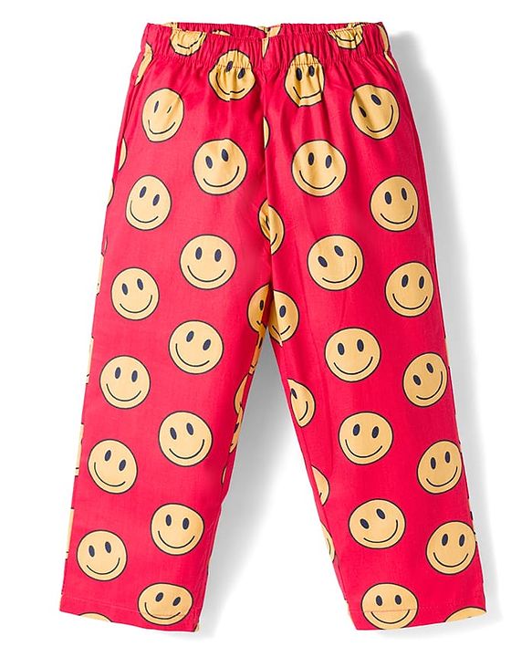Babyhug Cotton Woven Full Sleeves Co-ords Night Suit With Smiley Print - Red