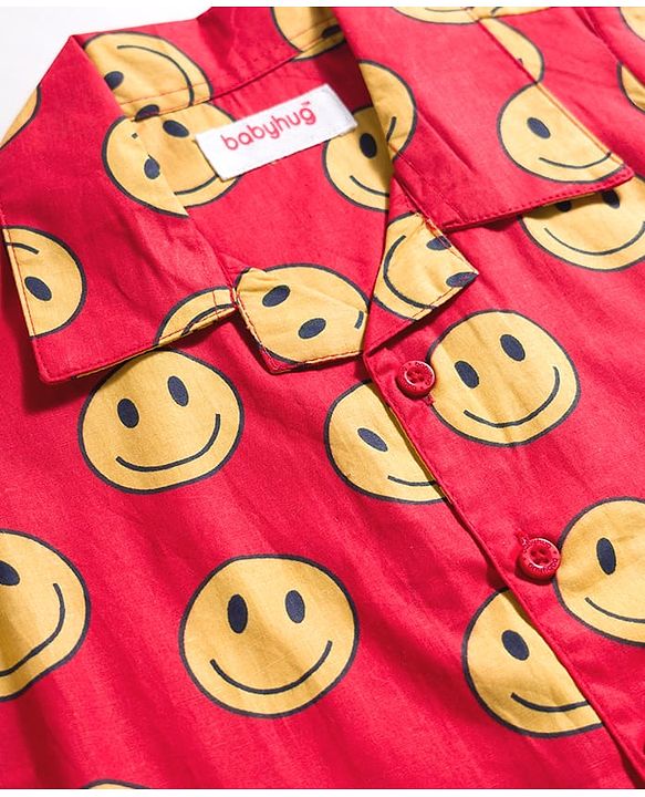Babyhug Cotton Woven Full Sleeves Co-ords Night Suit With Smiley Print - Red