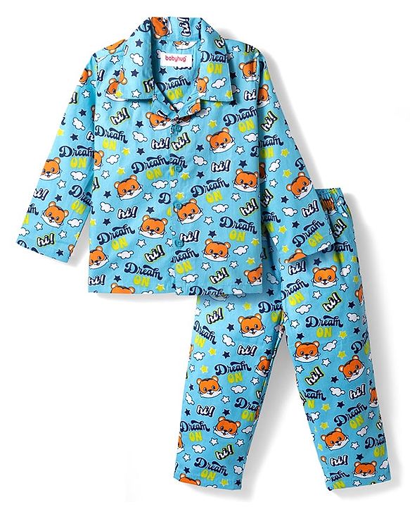 Babyhug Cotton Woven Full Sleeves Co-ord Night Suit With Animal Print - Blue