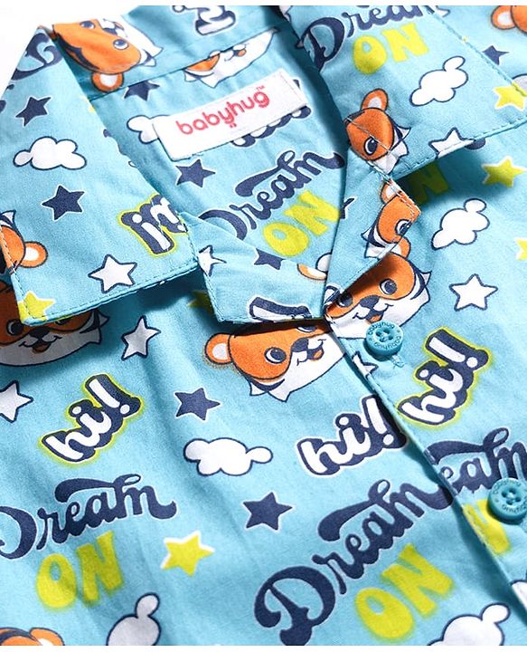 Babyhug Cotton Woven Full Sleeves Co-ord Night Suit With Animal Print - Blue