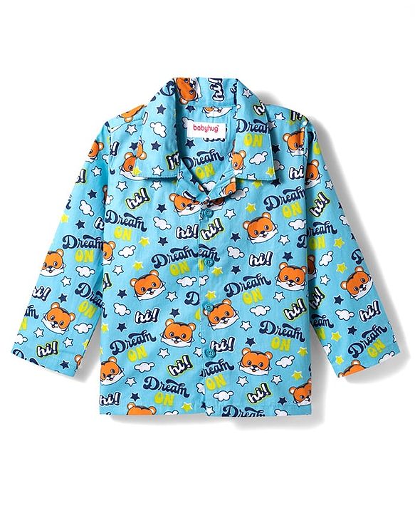 Babyhug Cotton Woven Full Sleeves Co-ord Night Suit With Animal Print - Blue