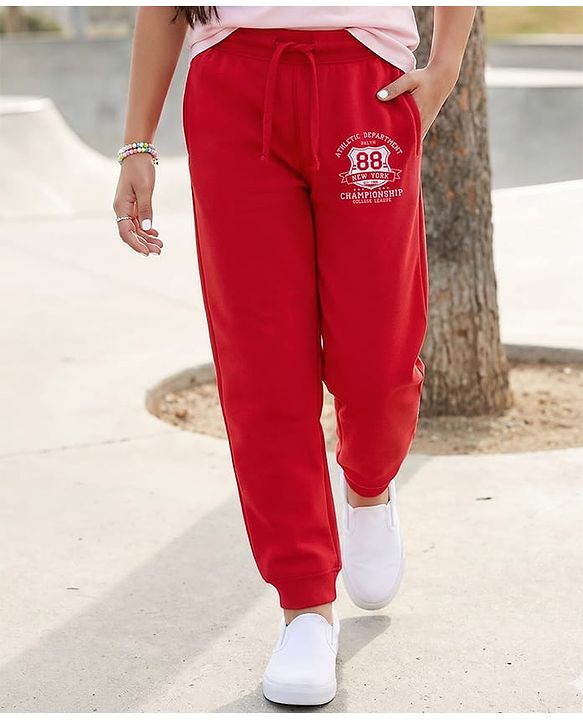 Pine Kids Knit Full Length Lounge Pant With Champion Text Print - Red