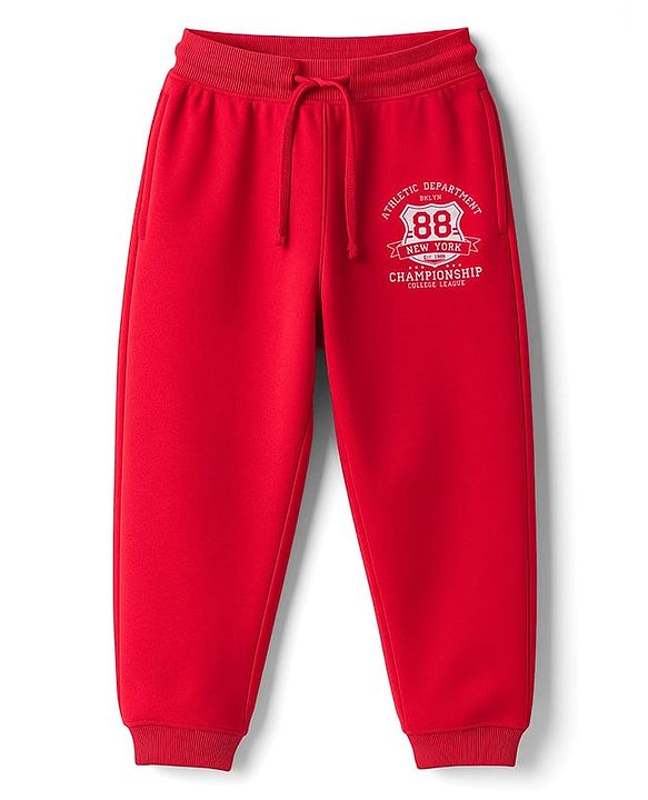 Pine Kids Knit Full Length Lounge Pant With Champion Text Print - Red
