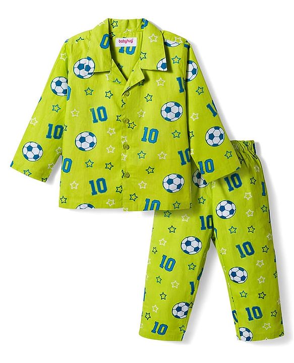 Babyhug Cotton Woven Full Sleeves Co-ords Night Suit With  Football Print - Green