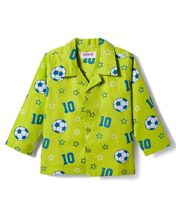 Babyhug Cotton Woven Full Sleeves Co-ords Night Suit With  Football Print - Green
