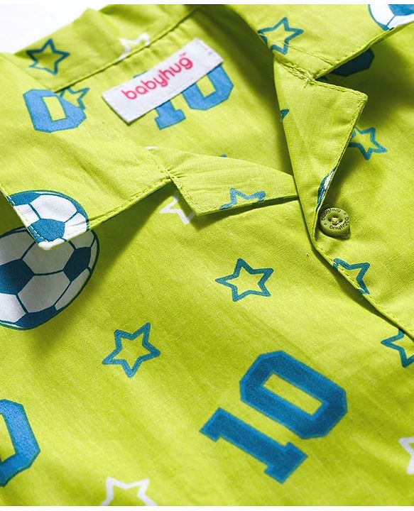 Babyhug Cotton Woven Full Sleeves Co-ords Night Suit With  Football Print - Green