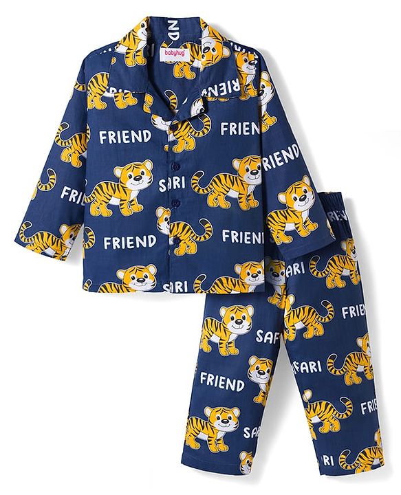 Babyhug Cotton Woven Full Sleeves Co-ords Night Suit With Animal Print - Navy Blue