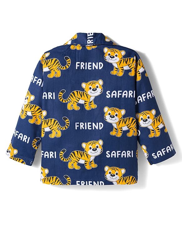 Babyhug Cotton Woven Full Sleeves Co-ords Night Suit With Animal Print - Navy Blue