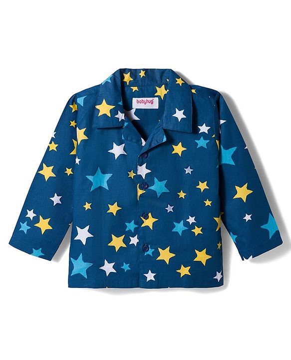 Babyhug Cotton Woven Full Sleeves Co-ord Night Suit With Star Print - Navy Blue