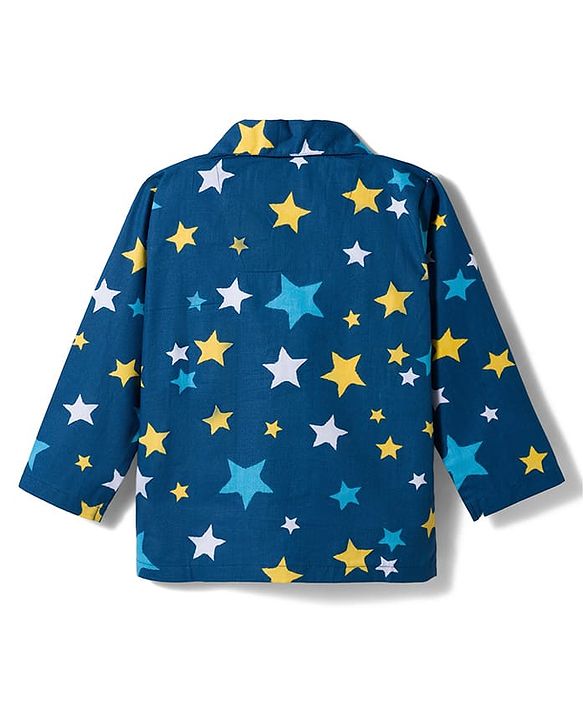 Babyhug Cotton Woven Full Sleeves Co-ord Night Suit With Star Print - Navy Blue