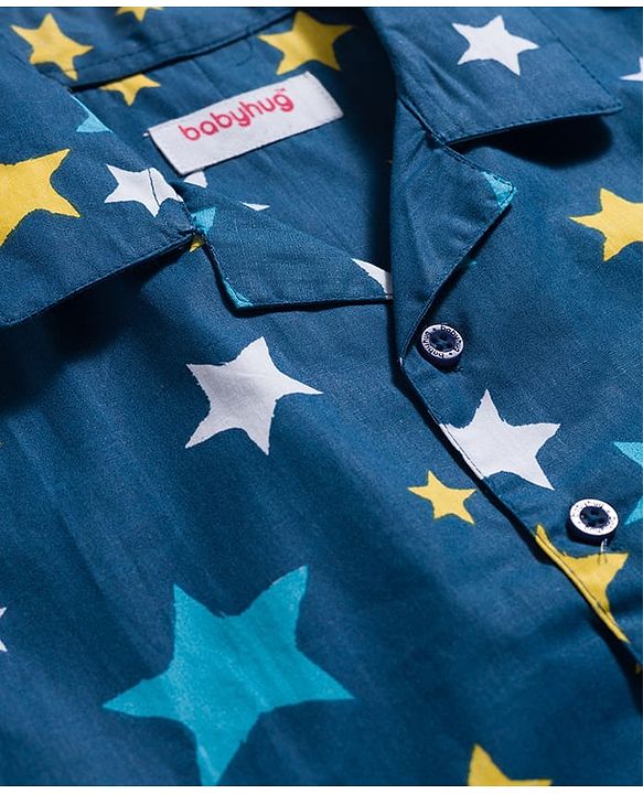 Babyhug Cotton Woven Full Sleeves Co-ord Night Suit With Star Print - Navy Blue