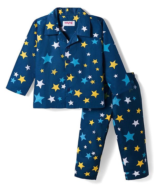 Babyhug Cotton Woven Full Sleeves Co-ord Night Suit With Star Print - Navy Blue