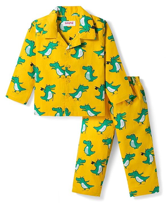 Babyhug Cotton Woven Full Sleeves Co-ord Night Suit With Dino Print -Yellow