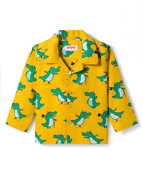 Babyhug Cotton Woven Full Sleeves Co-ord Night Suit With Dino Print -Yellow