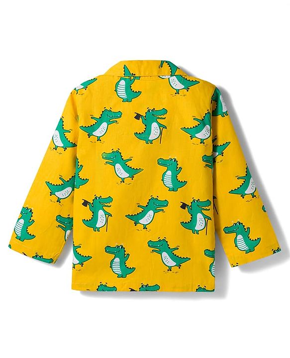 Babyhug Cotton Woven Full Sleeves Co-ord Night Suit With Dino Print -Yellow