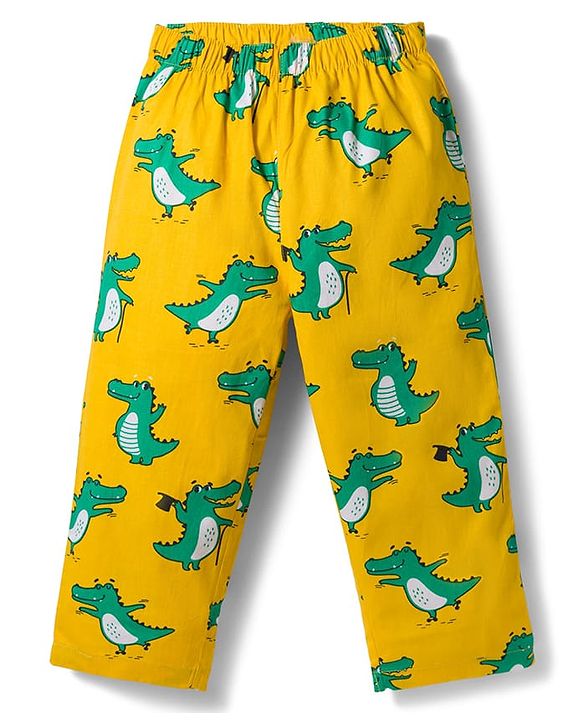Babyhug Cotton Woven Full Sleeves Co-ord Night Suit With Dino Print -Yellow