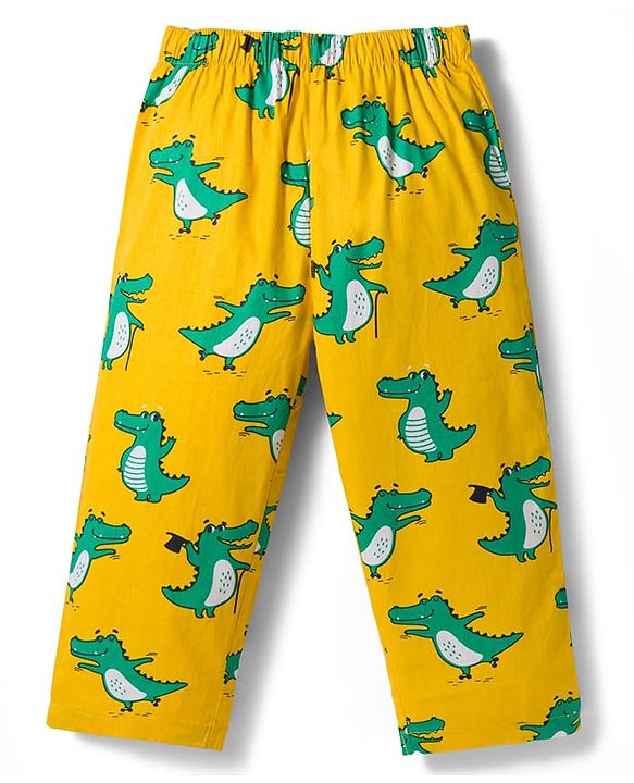 Babyhug Cotton Woven Full Sleeves Co-ord Night Suit With Dino Print -Yellow