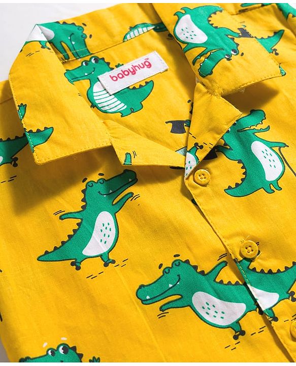 Babyhug Cotton Woven Full Sleeves Co-ord Night Suit With Dino Print -Yellow