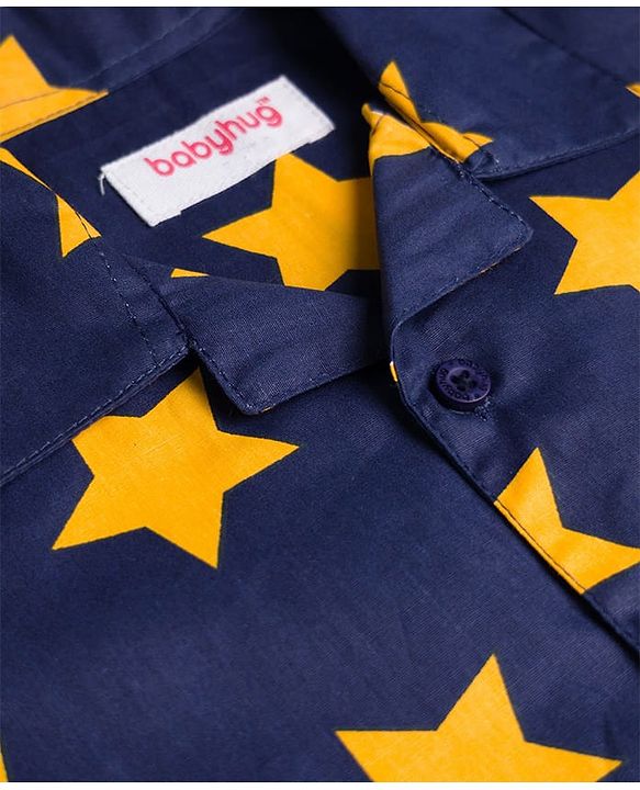 Babyhug Cotton Woven Full Sleeves Co-ord Night Suit With Star Print - Navy Blue