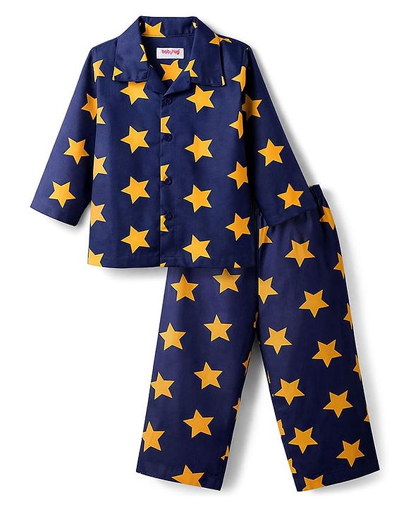 Babyhug Cotton Woven Full Sleeves Co-ord Night Suit With Star Print - Navy Blue