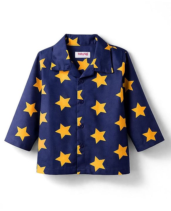 Babyhug Cotton Woven Full Sleeves Co-ord Night Suit With Star Print - Navy Blue