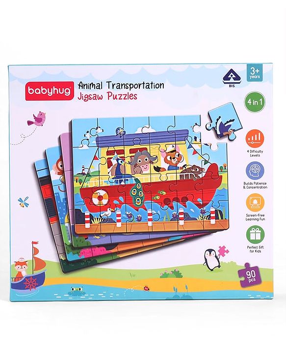 Babyhug 4 in 1 Animal Transportation Jigsaw Puzzle Set - 90 pcs| 4 Difficulty Levels| Beautifully Illustrated| Improves Hand -Eye Coordination & Problem Solving| BIS Certified| Gifting Idea for 3+ yrs