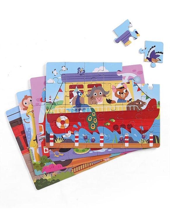 Babyhug 4 in 1 Animal Transportation Jigsaw Puzzle Set - 90 pcs| 4 Difficulty Levels| Beautifully Illustrated| Improves Hand -Eye Coordination & Problem Solving| BIS Certified| Gifting Idea for 3+ yrs