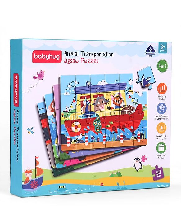 Babyhug 4 in 1 Animal Transportation Jigsaw Puzzle Set - 90 pcs| 4 Difficulty Levels| Beautifully Illustrated| Improves Hand -Eye Coordination & Problem Solving| BIS Certified| Gifting Idea for 3+ yrs