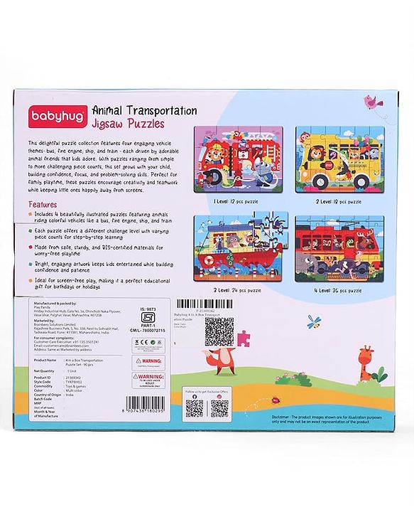 Babyhug 4 in 1 Animal Transportation Jigsaw Puzzle Set - 90 pcs| 4 Difficulty Levels| Beautifully Illustrated| Improves Hand -Eye Coordination & Problem Solving| BIS Certified| Gifting Idea for 3+ yrs
