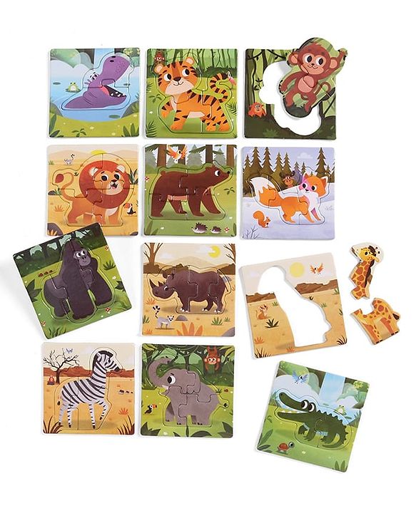 Babyhug 4 in 1 Animal Transportation Jigsaw Puzzle Set - 90 pcs| 4 Difficulty Levels| Beautifully Illustrated| Improves Hand -Eye Coordination & Problem Solving| BIS Certified| Gifting Idea for 3+ yrs