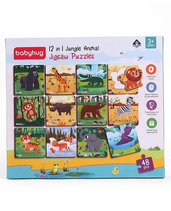 Babyhug 4 in 1 Animal Transportation Jigsaw Puzzle Set - 90 pcs| 4 Difficulty Levels| Beautifully Illustrated| Improves Hand -Eye Coordination & Problem Solving| BIS Certified| Gifting Idea for 3+ yrs