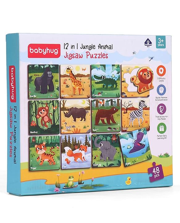 Babyhug 4 in 1 Animal Transportation Jigsaw Puzzle Set - 90 pcs| 4 Difficulty Levels| Beautifully Illustrated| Improves Hand -Eye Coordination & Problem Solving| BIS Certified| Gifting Idea for 3+ yrs