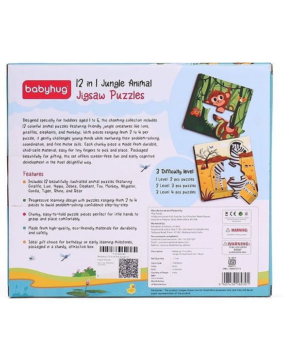 Babyhug 4 in 1 Animal Transportation Jigsaw Puzzle Set - 90 pcs| 4 Difficulty Levels| Beautifully Illustrated| Improves Hand -Eye Coordination & Problem Solving| BIS Certified| Gifting Idea for 3+ yrs