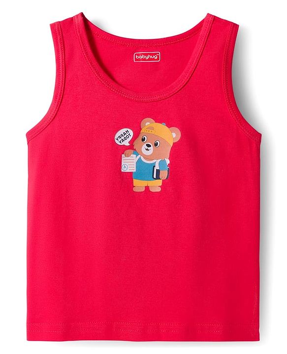 Babyhug 100 % Cotton Knit Sleeveless Sandos with Animal Print Pack of 3 - Red White & Navy Blue