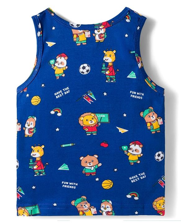 Babyhug 100 % Cotton Knit Sleeveless Sandos with Animal Print Pack of 3 - Red White & Navy Blue