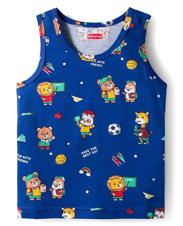 Babyhug 100 % Cotton Knit Sleeveless Sandos with Animal Print Pack of 3 - Red White & Navy Blue