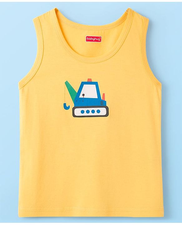 Babyhug 100% Cotton Knit Sleeveless Sando Vests With Stripes & Truck Print Pack of 3 - White & Yellow