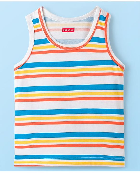 Babyhug 100% Cotton Knit Sleeveless Sando Vests With Stripes & Truck Print Pack of 3 - White & Yellow