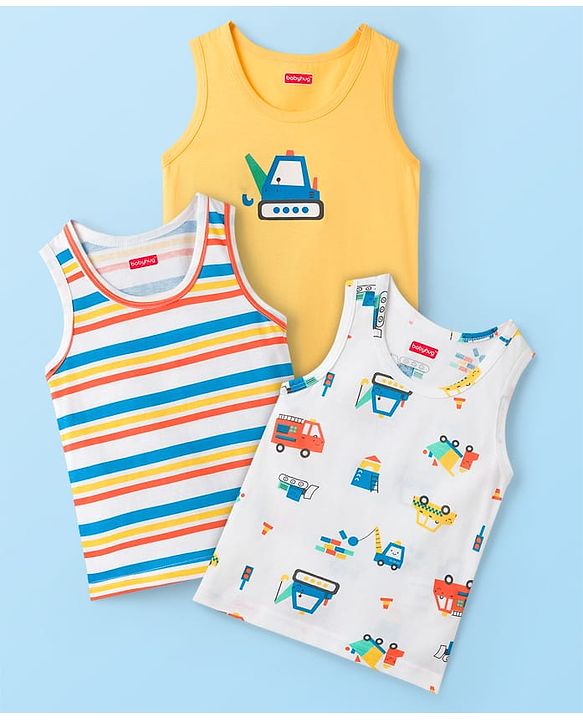 Babyhug 100% Cotton Knit Sleeveless Sando Vests With Stripes & Truck Print Pack of 3 - White & Yellow
