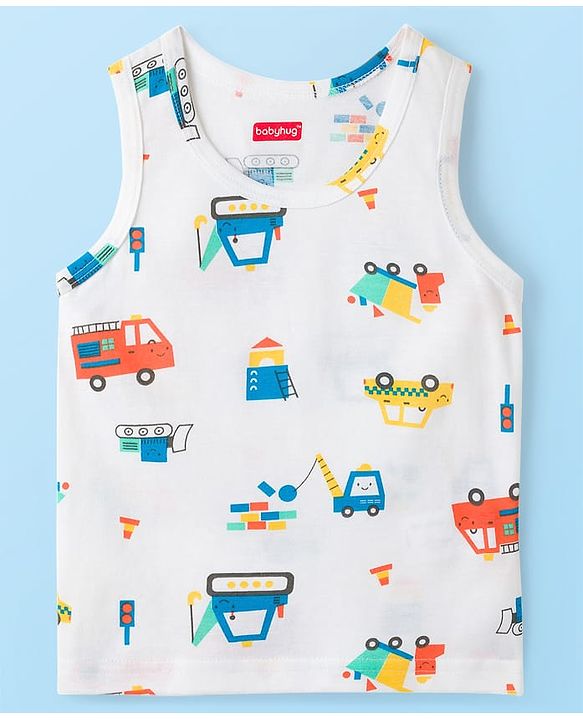 Babyhug 100% Cotton Knit Sleeveless Sando Vests With Stripes & Truck Print Pack of 3 - White & Yellow