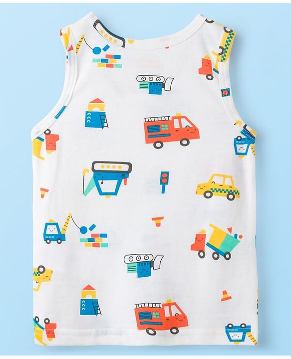 Babyhug 100% Cotton Knit Sleeveless Sando Vests With Stripes & Truck Print Pack of 3 - White & Yellow