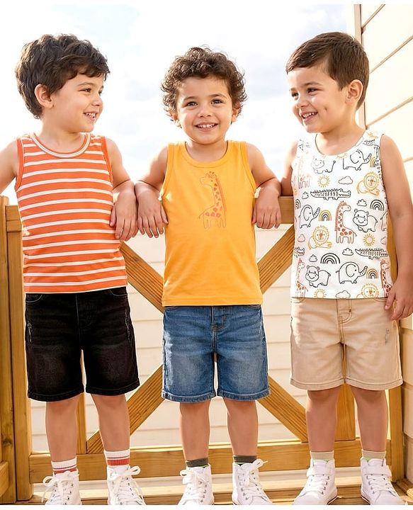 Babyhug 100 % Cotton Knit Sleeveless Sandos with Animal Print & Stripes Pack of 3 - Multicolor