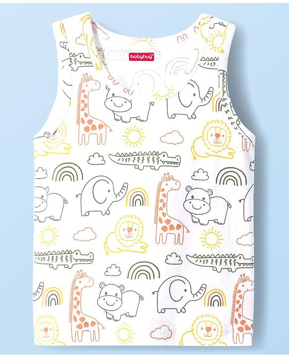 Babyhug 100 % Cotton Knit Sleeveless Sandos with Animal Print & Stripes Pack of 3 - Multicolor
