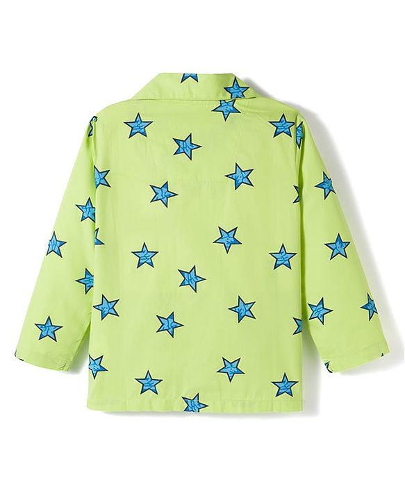 Babyhug Cotton Woven Full Sleeves Co-ords Night Suit With Star Print - Green