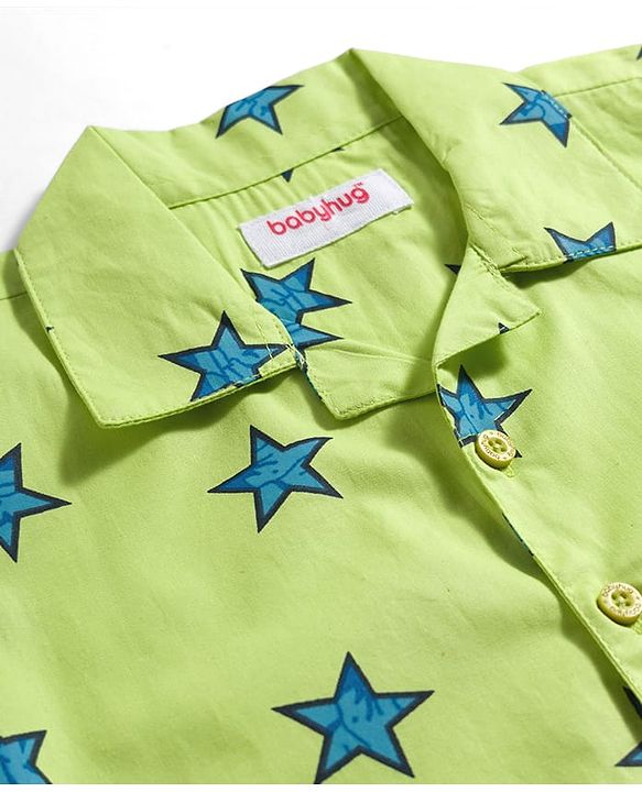 Babyhug Cotton Woven Full Sleeves Co-ords Night Suit With Star Print - Green
