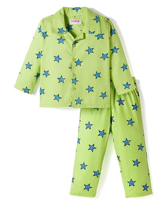 Babyhug Cotton Woven Full Sleeves Co-ords Night Suit With Star Print - Green